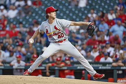 Aug 23, 2022; Chicago, Illinois, USA; St. Louis Cardinals starting pitcher Jake Woodford (40) delivers against the Chicago Cubs during the first inning of the second game of the doubleheader at Wrigley Field. Mandatory Credit: Kamil Krzaczynski-USA TODAY Sports