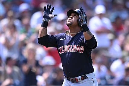 Aug 24, 2022; San Diego, California, USA; Cleveland Guardians third baseman Jose Ramirez (11) gestures after hitting a home run against the San Diego Padres during the fourth inning at Petco Park. Mandatory Credit: Orlando Ramirez-USA TODAY Sports