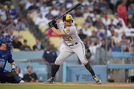 Aug 22, 2022; Los Angeles, California, USA; Milwaukee Brewers shortstop Willy Adames (27) bats against the Los Angeles Dodgers at Dodger Stadium. Mandatory Credit: Kirby Lee-USA TODAY Sports