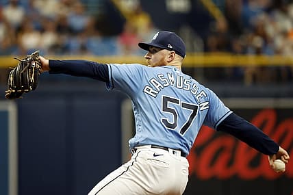 Aug 25, 2022; St. Petersburg, Florida, USA; Tampa Bay Rays starting pitcher Drew Rasmussen (57) throws a pitch against the Los Angeles Angels during the second inning at Tropicana Field. Mandatory Credit: Kim Klement-USA TODAY Sports