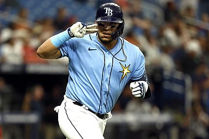 Aug 25, 2022; St. Petersburg, Florida, USA; Tampa Bay Rays third baseman Isaac Paredes (17) celebrates toward the dugout after hitting a two-run home run against the Los Angeles Angels during the third inning at Tropicana Field. Mandatory Credit: Kim Klement-USA TODAY Sports