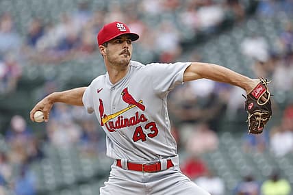 Aug 25, 2022; Chicago, Illinois, USA; St. Louis Cardinals starting pitcher Dakota Hudson (43) throws a pitch against the Chicago Cubs during the first inning at Wrigley Field. Mandatory Credit: Kamil Krzaczynski-USA TODAY Sports