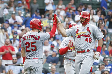 Aug 25, 2022; Chicago, Illinois, USA; St. Louis Cardinals first baseman Paul Goldschmidt (46) celebrates with left fielder Corey Dickerson (25) after hitting a two-run home run against the Chicago Cubs during the eight inning at Wrigley Field. Mandatory Credit: Kamil Krzaczynski-USA TODAY Sports