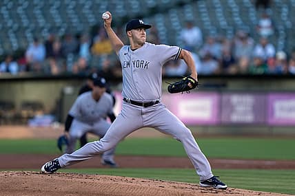 Aug 25, 2022; Oakland, California, USA;  New York Yankees starting pitcher Jameson Taillon (50) pitches during the first inning against the Oakland Athletics at RingCentral Coliseum. Mandatory Credit: Stan Szeto-USA TODAY Sports