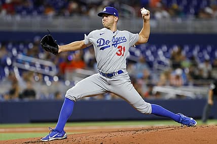 Aug 26, 2022; Miami, Florida, USA; Los Angeles Dodgers starting pitcher Tyler Anderson (31) delivers a pitch during the first inning against the Miami Marlins at loanDepot Park. Mandatory Credit: Sam Navarro-USA TODAY Sports