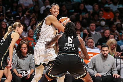 Aug 23, 2022; Brooklyn, New York, USA;  Chicago Sky forward Candace Parker (3) and New York Liberty forward Natasha Howard (6) at Barclays Center. Mandatory Credit: Wendell Cruz-USA TODAY Sports