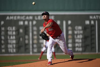 Aug 27, 2022; Boston, Massachusetts, USA;  Boston Red Sox starting pitcher Rich Hill (44) pitches during the first inning against the Tampa Bay Rays at Fenway Park. Mandatory Credit: Bob DeChiara-USA TODAY Sports