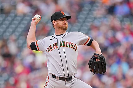 Aug 27, 2022; Minneapolis, Minnesota, USA; San Francisco Giants starting pitcher Alex Cobb (38) throws against the San Francisco Giants in the first inning at Target Field. Mandatory Credit: Brad Rempel-USA TODAY Sports