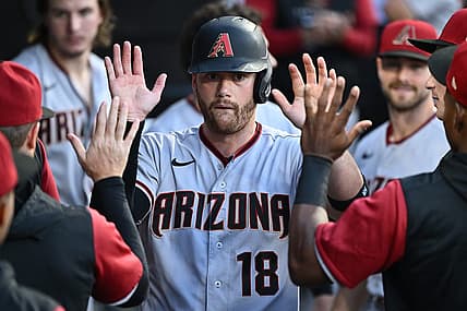 Aug 27, 2022; Chicago, Illinois, USA;  Arizona Diamondbacks catcher Carson Kelly (18) celebrates in the dugout after scoring on a pass ball in the second inning against the Chicago White Sox at Guaranteed Rate Field. Mandatory Credit: Jamie Sabau-USA TODAY Sports