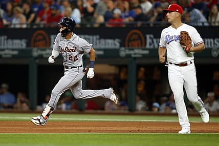 Aug 27, 2022; Arlington, Texas, USA;  Detroit Tigers left fielder Victor Reyes (22) runs to second base with a double in the fifth inning against the Texas Rangers at Globe Life Field. Mandatory Credit: Tim Heitman-USA TODAY Sports