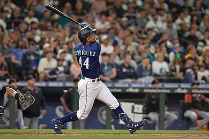 Aug 27, 2022; Seattle, Washington, USA; Seattle Mariners center fielder Julio Rodriguez (44) hits a home run against the Cleveland Guardians during the third inning at T-Mobile Park. Mandatory Credit: Steven Bisig-USA TODAY Sports