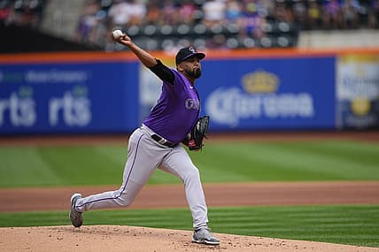 Aug 28, 2022; New York City, New York, USA; Colorado Rockies pitcher German Marquez (48) delivers a pitch against the New York Mets during the first inning at Citi Field. Mandatory Credit: Gregory Fisher-USA TODAY Sports
