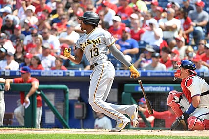 Aug 28, 2022; Philadelphia, Pennsylvania, USA; Pittsburgh Pirates third baseman Ke'Bryan Hayes (13) hits an RBI single during the first inning against the Philadelphia Phillies at Citizens Bank Park. Mandatory Credit: Eric Hartline-USA TODAY Sports