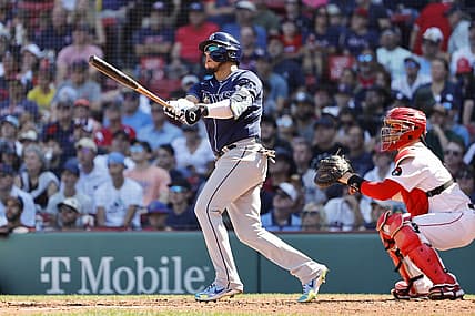 Aug 28, 2022; Boston, Massachusetts, USA; Tampa Bay Rays third baseman Isaac Paredes (17) watches his two-run home run against the Boston Red Sox during the fourth inning at Fenway Park. Mandatory Credit: Winslow Townson-USA TODAY Sports