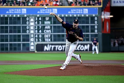 Aug 28, 2022; Houston, Texas, USA; Houston Astros starting pitcher Justin Verlander (35) delivers a pitch against the Baltimore Orioles during the first inning at Maid Park. Mandatory Credit: Erik Williams-USA TODAY Sports