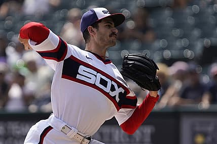 Aug 28, 2022; Chicago, Illinois, USA; Chicago White Sox starting pitcher Dylan Cease (84) throws the ball against the Arizona Diamondbacks during the first inning at Guaranteed Rate Field. Mandatory Credit: David Banks-USA TODAY Sports