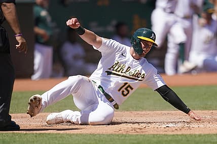 Aug 28, 2022; Oakland, California, USA; Oakland Athletics right fielder Seth Brown (15) scores a run against the New York Yankees in the first inning at RingCentral Coliseum. Mandatory Credit: Cary Edmondson-USA TODAY Sports