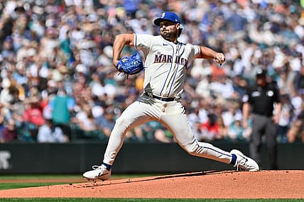 Aug 28, 2022; Seattle, Washington, USA; Seattle Mariners starting pitcher Robbie Ray (38) pitches to the Cleveland Guardians during the first inning at T-Mobile Park. Mandatory Credit: Steven Bisig-USA TODAY Sports