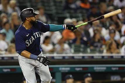 Aug 30, 2022; Detroit, Michigan, USA; Seattle Mariners designated hitter Carlos Santana (41) hits a two-run home run in the fifth inning against the Detroit Tigers at Comerica Park. Mandatory Credit: Rick Osentoski-USA TODAY Sports