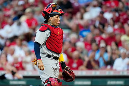 St. Louis Cardinals catcher Yadier Molina (4) reacts after the Reds take a 3-1 lead in the third inning of the MLB National League game between the Cincinnati Reds and the St. Louis Cardinals at Great American Ball Park in downtown Cincinnati on Tuesday, Aug. 30, 2022.

St Louis Cardinals At Cincinnati Reds