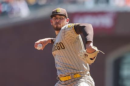 Aug 31, 2022; San Francisco, California, USA; San Diego Padres starting pitcher Joe Musgrove (44) throws a pitch during the first inning against the San Francisco Giants at Oracle Park. Mandatory Credit: Sergio Estrada-USA TODAY Sports