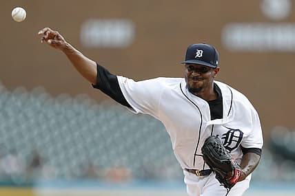 Sep 15, 2019; Detroit, MI, USA; Detroit Tigers starting pitcher Edwin Jackson (19) throws the ball during the first inning against the Baltimore Orioles at Comerica Park. Mandatory Credit: Raj Mehta-USA TODAY Sports