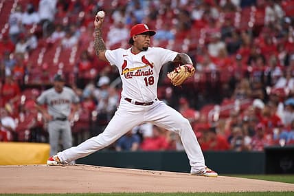 Jun 29, 2021; St. Louis, Missouri, USA; St. Louis Cardinals starting pitcher Carlos Martinez (18) pitches against the Arizona Diamondbacks during the first inning at Busch Stadium. Mandatory Credit: Joe Puetz-USA TODAY Sports