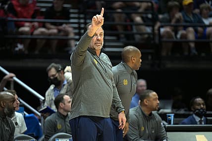 Mar 18, 2022; San Diego, CA, USA; Notre Dame Fighting Irish head coach Mike Brey signals in the first half against the Alabama Crimson Tide during the first round of the 2022 NCAA Tournament at Viejas Arena. Mandatory Credit: Orlando Ramirez-USA TODAY Sports