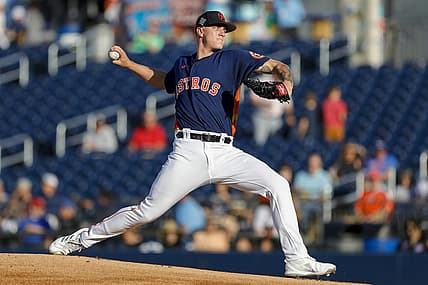Mar 25, 2022; West Palm Beach, Florida, USA; Houston Astros starting pitcher Hunter Brown (68) delivers a pitch in the first inning of the game against the New York Mets during spring training at The Ballpark of the Palm Beaches. Mandatory Credit: Sam Navarro-USA TODAY Sports
