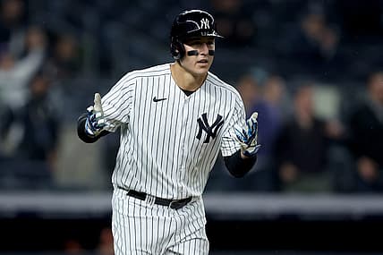 Apr 26, 2022; Bronx, New York, USA; New York Yankees first baseman Anthony Rizzo (48) reacts after hitting a solo home run against the Baltimore Orioles during the eighth inning at Yankee Stadium. The home run was his third of the game. Mandatory Credit: Brad Penner-USA TODAY Sports