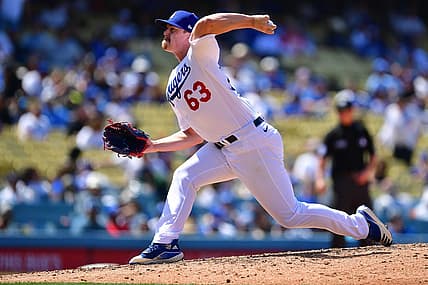 May 18, 2022; Los Angeles, California, USA; Los Angeles Dodgers relief pitcher Justin Bruihl (63) throws against the Arizona Diamondbacks during the sixth inning at Dodger Stadium. Mandatory Credit: Gary A. Vasquez-USA TODAY Sports