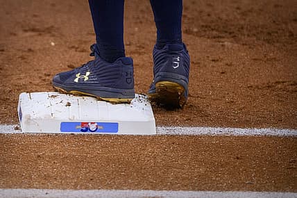Jun 5, 2022; Arlington, Texas, USA; A view of the first base and the Rangers 50 year logo during the game between the Texas Rangers and the Seattle Mariners at Globe Life Field. Mandatory Credit: Jerome Miron-USA TODAY Sports