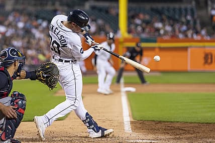 Jul 5, 2022; Detroit, Michigan, USA; Detroit Tigers first baseman Spencer Torkelson (20) grounds into a fielder's choice and gets an RBI during the sixth inning against the Cleveland Guardians at Comerica Park. Mandatory Credit: Raj Mehta-USA TODAY Sports