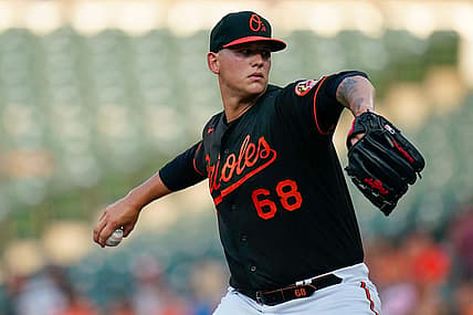 Jul 22, 2022; Baltimore, Maryland, USA;  Baltimore Orioles starting pitcher Tyler Wells (68) throws a first inning pitch against the New York Yankees at Oriole Park at Camden Yards. Mandatory Credit: Tommy Gilligan-USA TODAY Sports