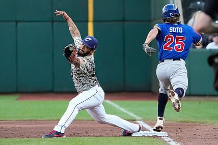 Columbus Clippers first baseman Bobby Bradley (44) stretches to get the force out on St. Paul Saints shortstop Elliot Soto (25) during the Minor League Baseball game at Huntington Park in Columbus on May 11, 2022.

Milb St Paul At Columbus