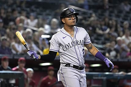 Aug 7, 2022; Phoenix, Arizona, USA; Colorado Rockies center fielder Yonathan Daza (2) reacts after walking against the Arizona Diamondbacks in the ninth inning at Chase Field. Mandatory Credit: Rick Scuteri-USA TODAY Sports