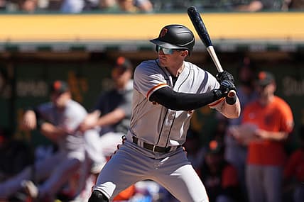 Aug 7, 2022; Oakland, California, USA; San Francisco Giants center fielder Bryce Johnson (58) bats during the ninth inning against the Oakland Athletics at RingCentral Coliseum. Mandatory Credit: Darren Yamashita-USA TODAY Sports
