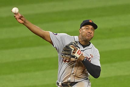Aug 16, 2022; Cleveland, Ohio, USA; Detroit Tigers second baseman Jonathan Schoop (7) throws to first base in the seventh inning against the Cleveland Guardians at Progressive Field. Mandatory Credit: David Richard-USA TODAY Sports