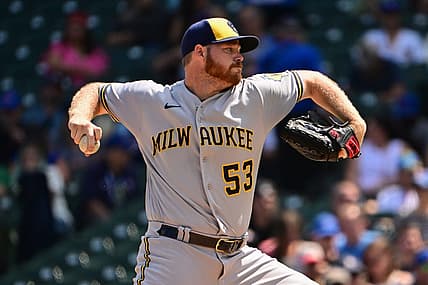 Aug 21, 2022; Chicago, Illinois, USA; Milwaukee Brewers starting pitcher Brandon Woodruff (53) delivers the baseball in the first inning against the Chicago Cubs at Wrigley Field. Mandatory Credit: Quinn Harris-USA TODAY Sports