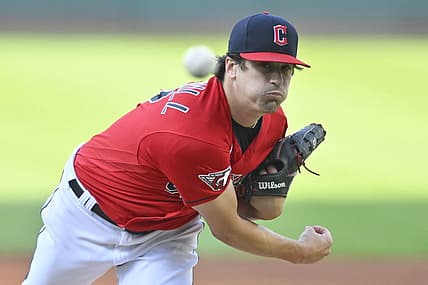 Aug 30, 2022; Cleveland, Ohio, USA; Cleveland Guardians starting pitcher Cal Quantrill (47) throws a pitch in the first inning against the Baltimore Orioles at Progressive Field. Mandatory Credit: David Richard-USA TODAY Sports