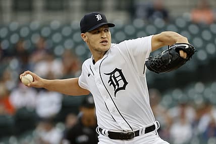 Aug 30, 2022; Detroit, Michigan, USA; Detroit Tigers starting pitcher Matt Manning (25) throws a pitch in the first inning against the Seattle Mariners at Comerica Park. Mandatory Credit: Rick Osentoski-USA TODAY Sports