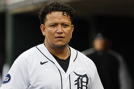 Aug 30, 2022; Detroit, Michigan, USA; Detroit Tigers designated hitter Miguel Cabrera (24) looks on from the dugout in the first inning against the Seattle Mariners at Comerica Park. Mandatory Credit: Rick Osentoski-USA TODAY Sports