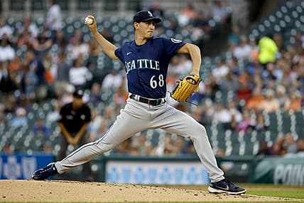 Aug 30, 2022; Detroit, Michigan, USA; Seattle Mariners starting pitcher George Kirby (68) throws a pitch in the first inning against the Detroit Tigers at Comerica Park. Mandatory Credit: Rick Osentoski-USA TODAY Sports