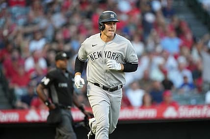 Aug 30, 2022; Anaheim, California, USA; New York Yankees first baseman Anthony Rizzo (48) rounds the bases after hitting a solo home run in the second inning against the Los Angeles Angels at Angel Stadium. Mandatory Credit: Kirby Lee-USA TODAY Sports