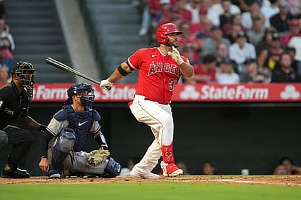 Aug 30, 2022; Anaheim, California, USA; Los Angeles Angels first baseman Mike Ford (36) follows through on a single in the second inning against the New York Yankees at Angel Stadium. Mandatory Credit: Kirby Lee-USA TODAY Sports