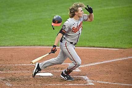 Aug 31, 2022; Cleveland, Ohio, USA; Baltimore Orioles third baseman Gunnar Henderson (2) hits a solo home run in the fourth inning against the Cleveland Guardians at Progressive Field. Mandatory Credit: David Richard-USA TODAY Sports