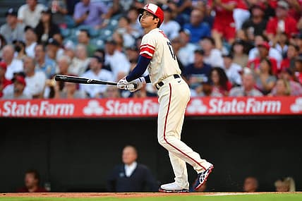 Aug 31, 2022; Anaheim, California, USA; Los Angeles Angels designated hitter Shohei Ohtani (17) at bat against the New York Yankees during the first inning  at Angel Stadium. Mandatory Credit: Gary A. Vasquez-USA TODAY Sports