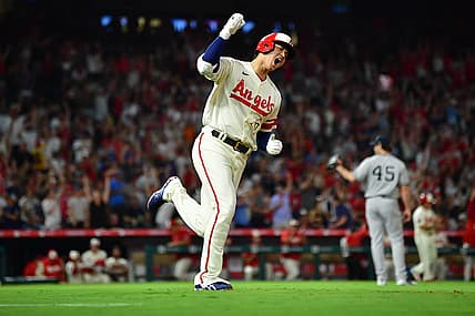 Aug 31, 2022; Anaheim, California, USA; Los Angeles Angels designated hitter Shohei Ohtani (17) reacts after hitting a three run home run against the New York Yankees during the sixth inning at Angel Stadium. Mandatory Credit: Gary A. Vasquez-USA TODAY Sports