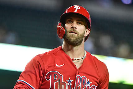Aug 31, 2022; Phoenix, Arizona, USA;  Philadelphia Phillies right fielder Bryce Harper (3) looks on in the fifth inning against the Arizona Diamondbacks at Chase Field. Mandatory Credit: Matt Kartozian-USA TODAY Sports