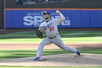Sep 1, 2022; New York City, New York, USA;  Los Angeles Dodgers pitcher Clayton Kershaw (22) delivers a pitch against the New York Metsduring the first inning at Citi Field. Mandatory Credit: Gregory Fisher-USA TODAY Sports